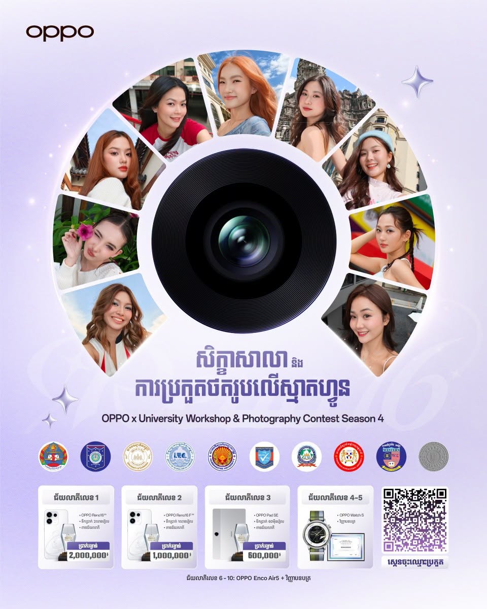កម្មវិធី “សិក្ខាសាលា និងការប្រកួតថតរូបលើស្មាតហ្វូន” រដូវកាលទី 4 បានត្រឡប់មកវិញហើយ!  ត្រៀមខ្លួនបញ្ចេញភាពច្នៃប្រឌិត និងបង្ហាញសមត្ថភាពថតរូបរបស់អ្នកជាមួយកម្មវិធី OPPO x University Workshop & Photography Contest Season 4 ដែលរៀបចំឡើងក្រោមកិច្ចសហការជាមួយសាកលវិទ្យាល័យ អន្តរជាតិ និងសាកលវិទ្យាល័យធំៗចំនួន 10 នៅទូទាំងប្រទេសកម្ពុជា